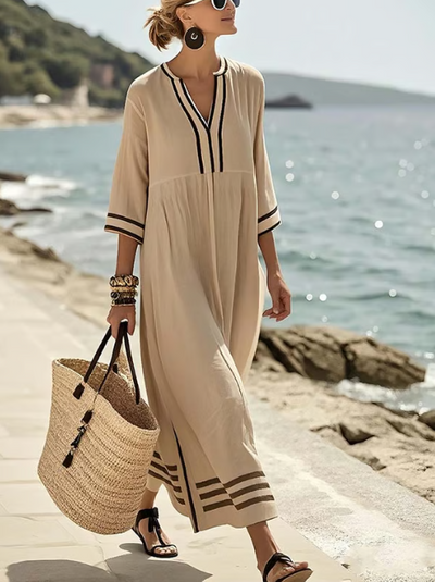 Long linen dress with contrasting detail