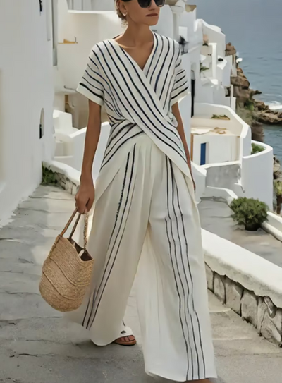 Two-piece linen set with cross waist