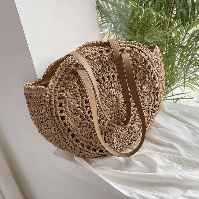 Arnora | Round Woven Handbag with Faux Leather Straps