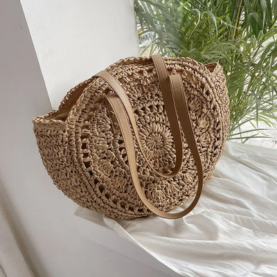 Arnora | Round Woven Handbag with Faux Leather Straps