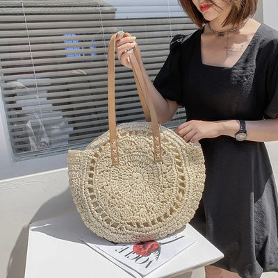 Arnora | Round Woven Handbag with Faux Leather Straps