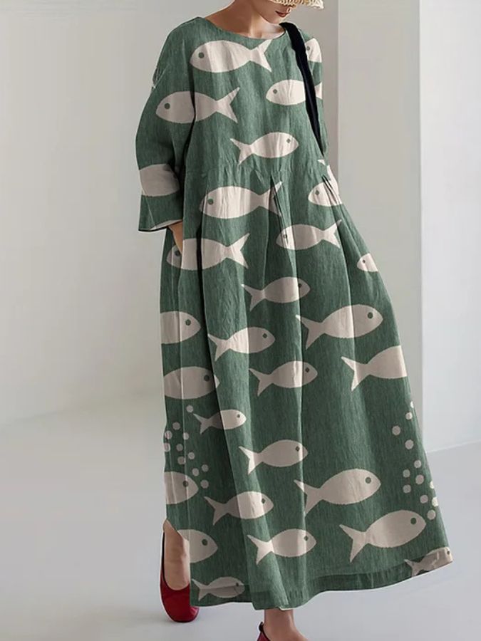 Jolie - Trendy Loose Fish Print Midi Dress
