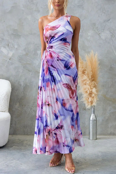 Deja - Floral Pattern One-Shoulder Pleated Maxi Dress