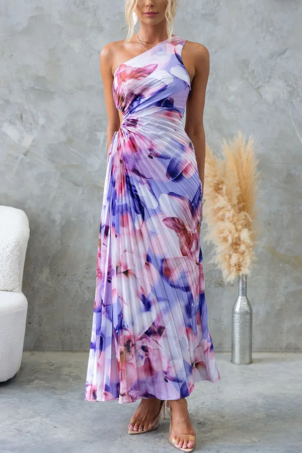 Deja -  Floral Print One Shoulder Pleated Maxi Dress