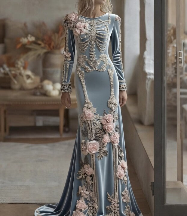 Women's Halloween Retro Anatomy Art And Flower Gothic Velvet Long Dress
