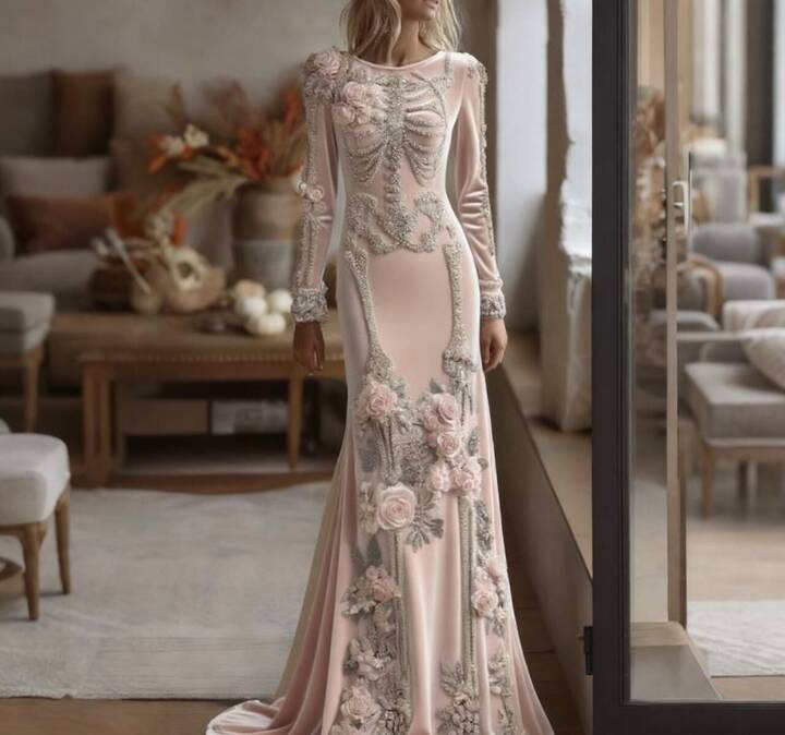 Women's Halloween Retro Anatomy Art And Flower Gothic Velvet Long Dress