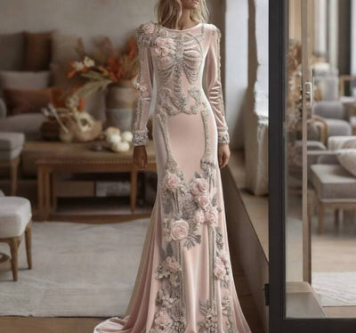 Women's Halloween Retro Anatomy Art And Flower Gothic Velvet Long Dress