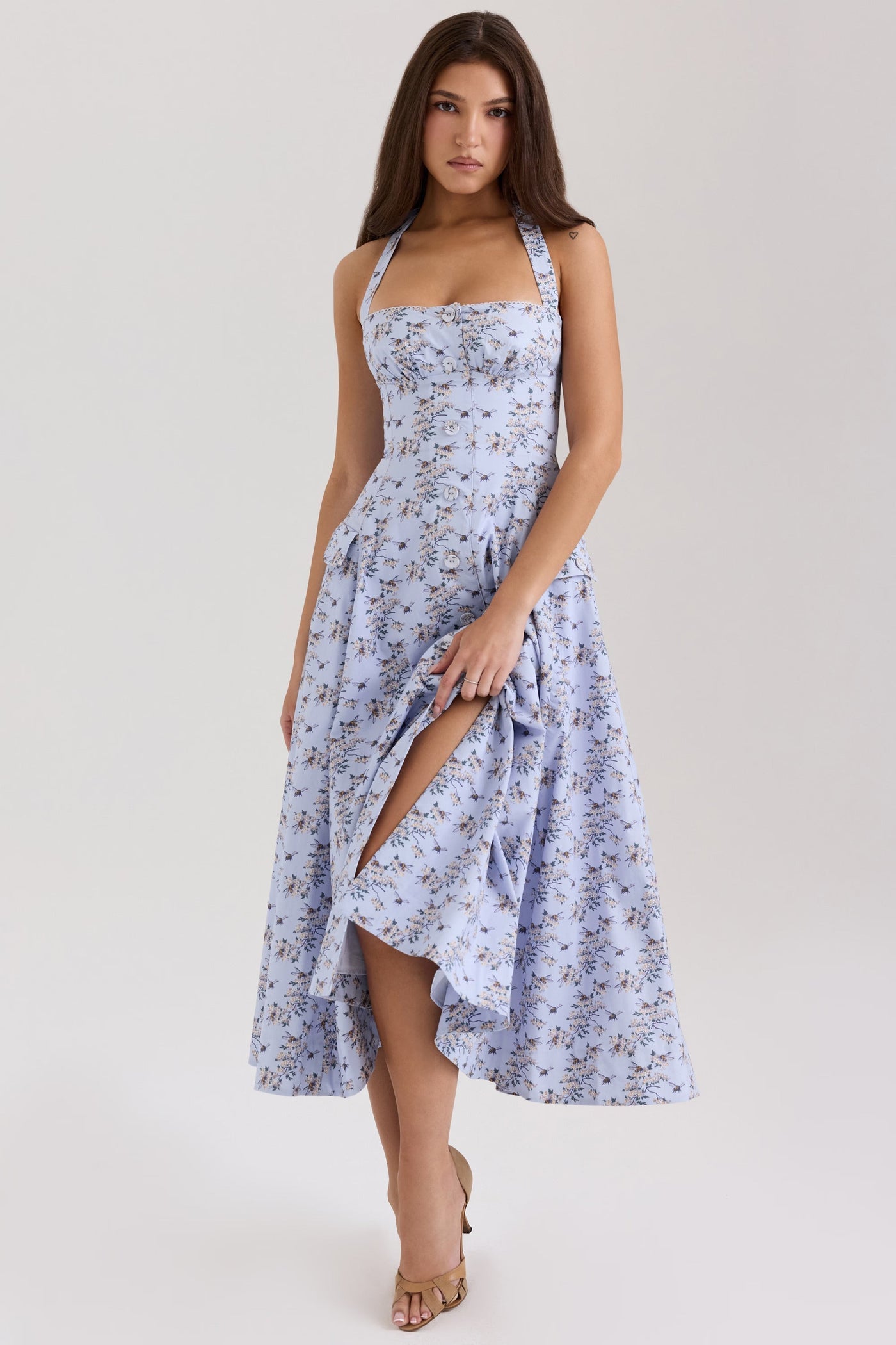 Belle - Midi Dress with Daisy Print and Halter Neck