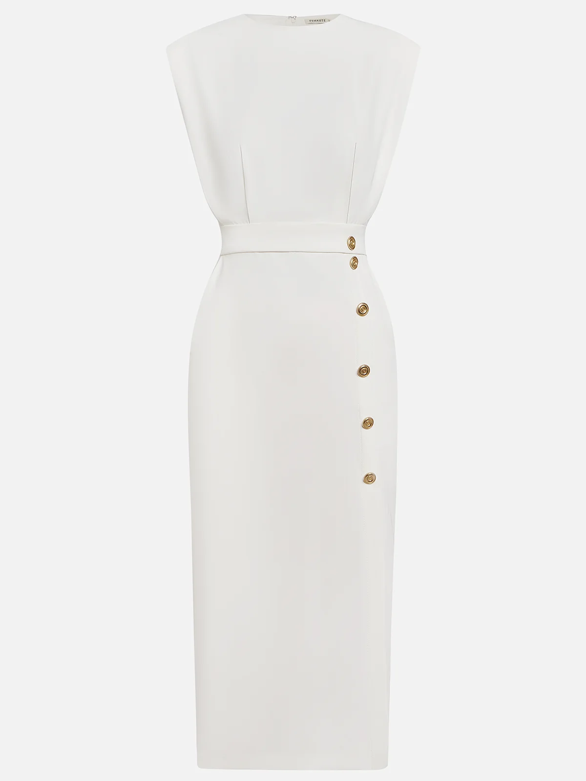 Malene™ | Solid Midi Dress with Button Slit and Round Neckline