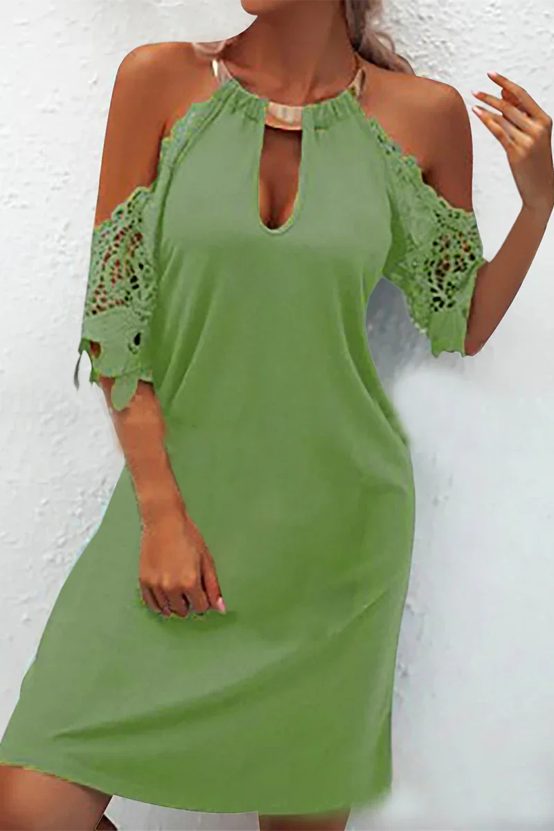 Naila - Elegant solid lace dress with metallic accessories and embellishments, with a belt line.