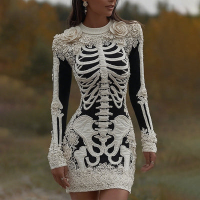 Women's Vintage Halloween Skeleton Bones With Rose Artcozy Knit Mini Sweater Dress