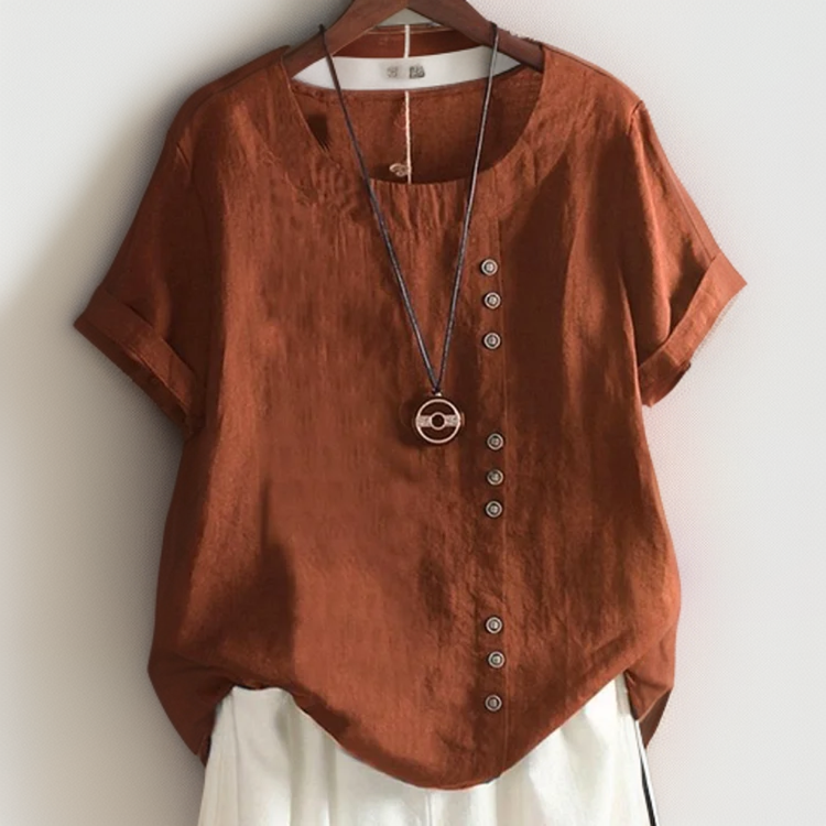 Joline┃T-shirt with Round Neck and Buttons