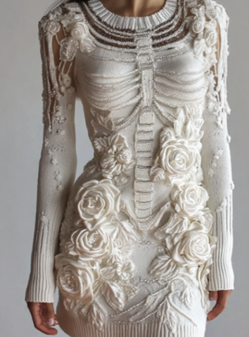 Women's Vintage White Rose Skull Cozy Knit Mini Sweater Dress