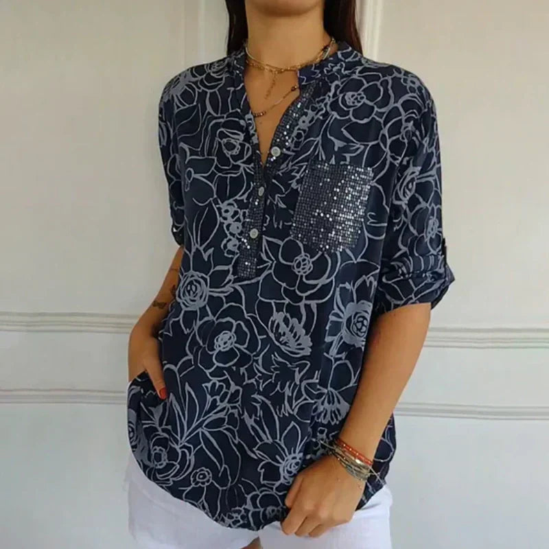 ISA I FLORAL BLOUSE WITH V-NECK