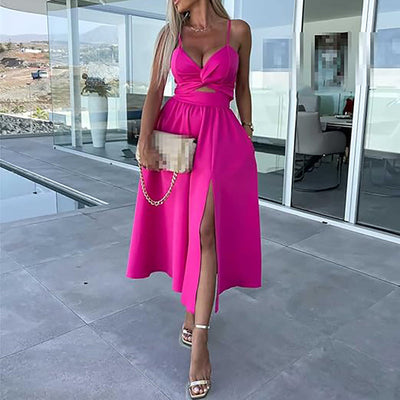 Célestine - Spaghetti Strap Midi Dress with High Slit