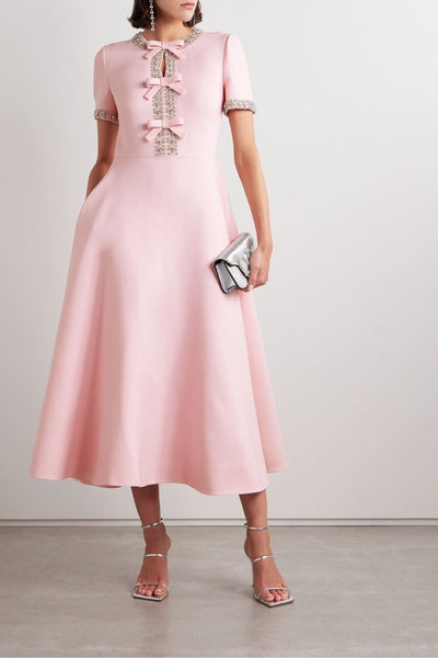 Zoe Bowknot Pink Crystal-embellished Midi Dress